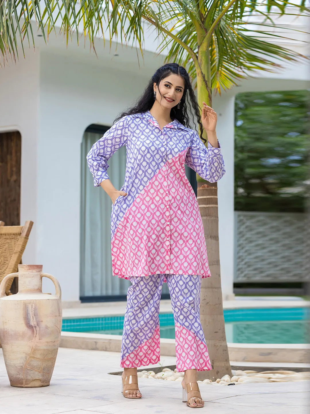 Purple & Pink Colour Blocking Co Ord Set