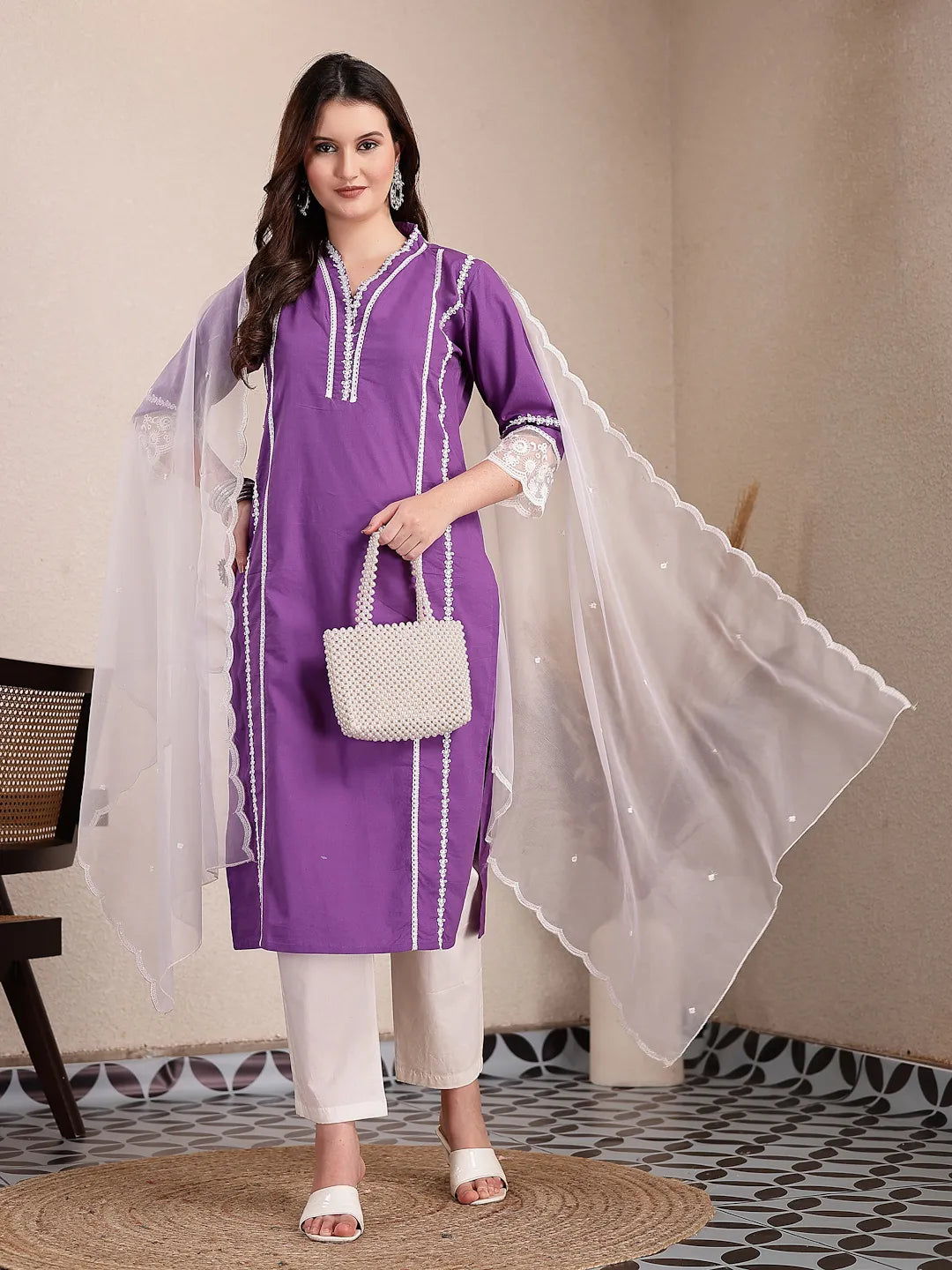 Purple Premium Cotton Kurta Dupatta Pant Set