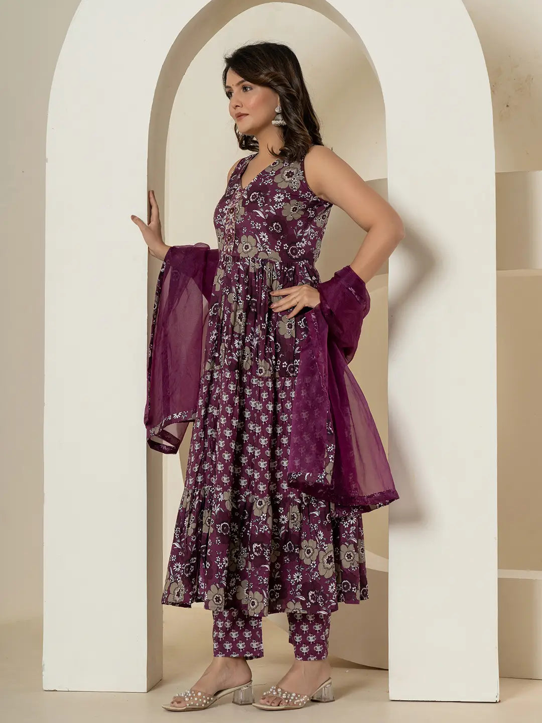 Purple Pure Cotton Fit And Flare Tiered Kurta Trouser & Dupatta Set