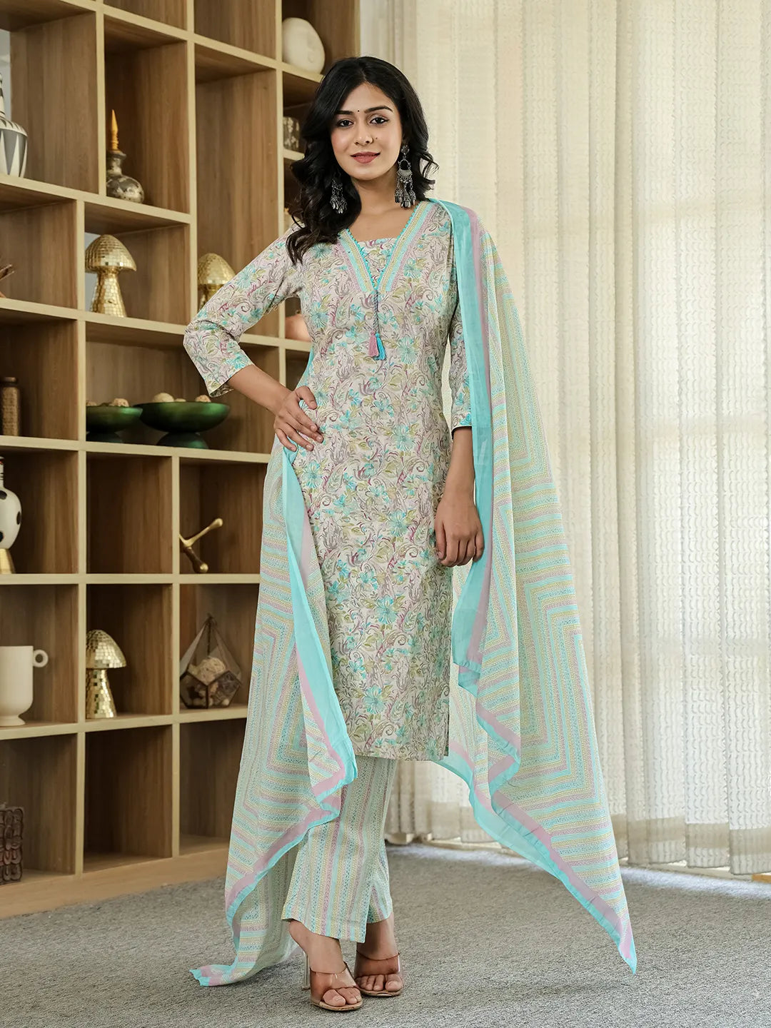 Purple Pure Cotton Floral Print Kurta Dupatta Pant Set