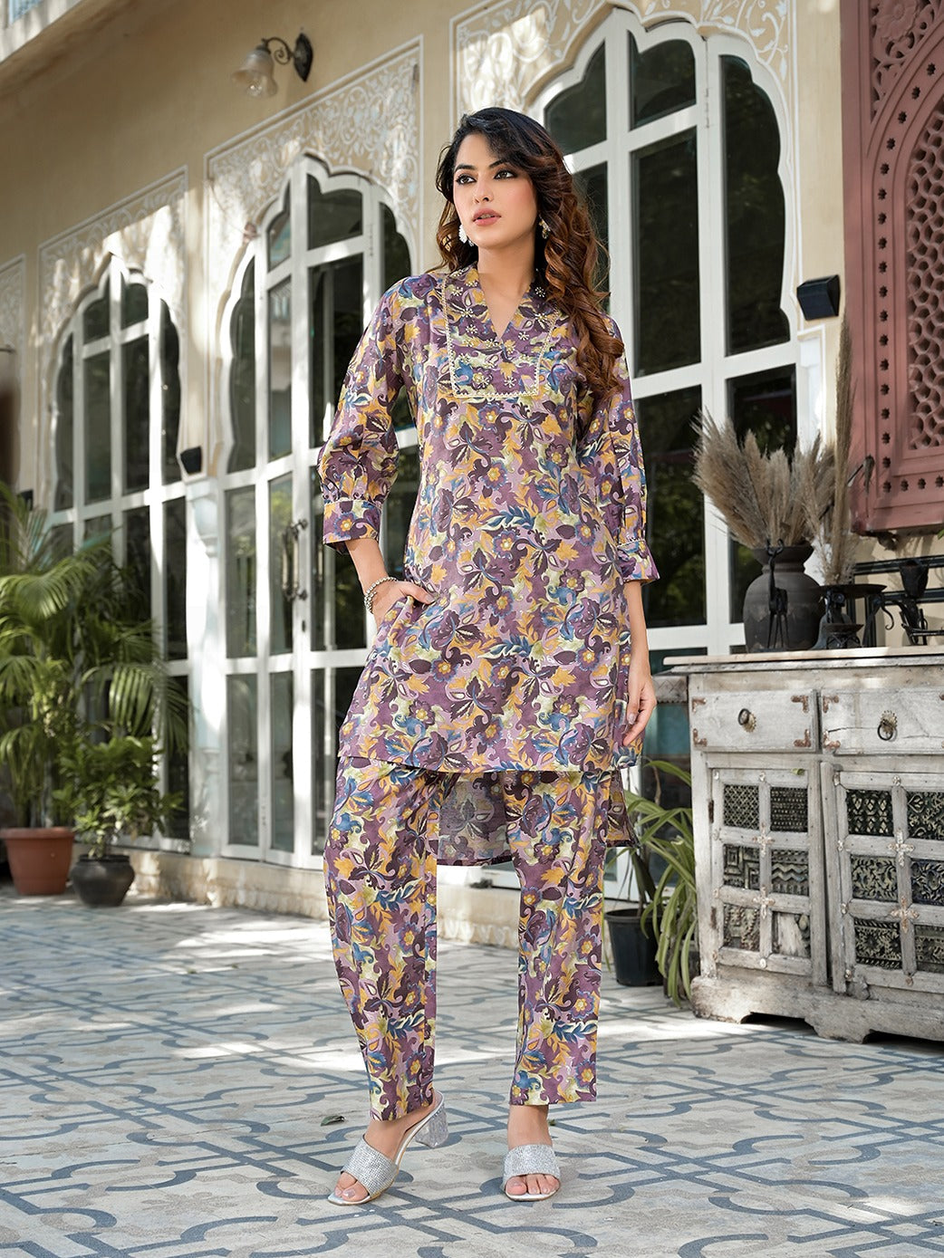 Purple Silk blend Floral Print Co ord set