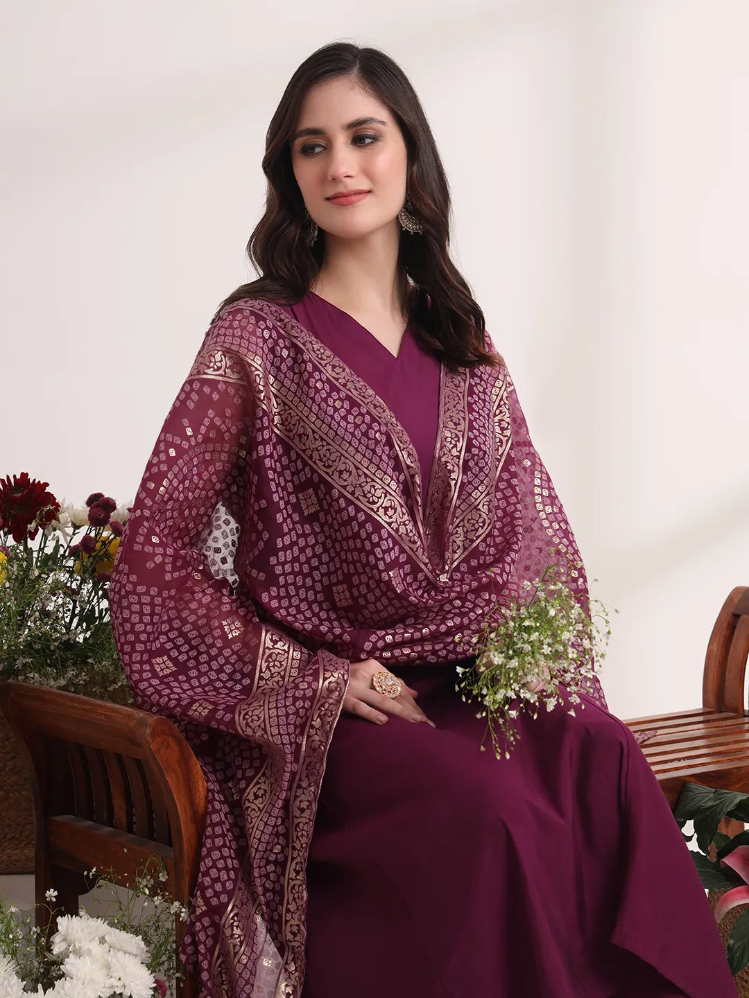 Purple Solid A-Line Kurta Trouser And Dupatta Set