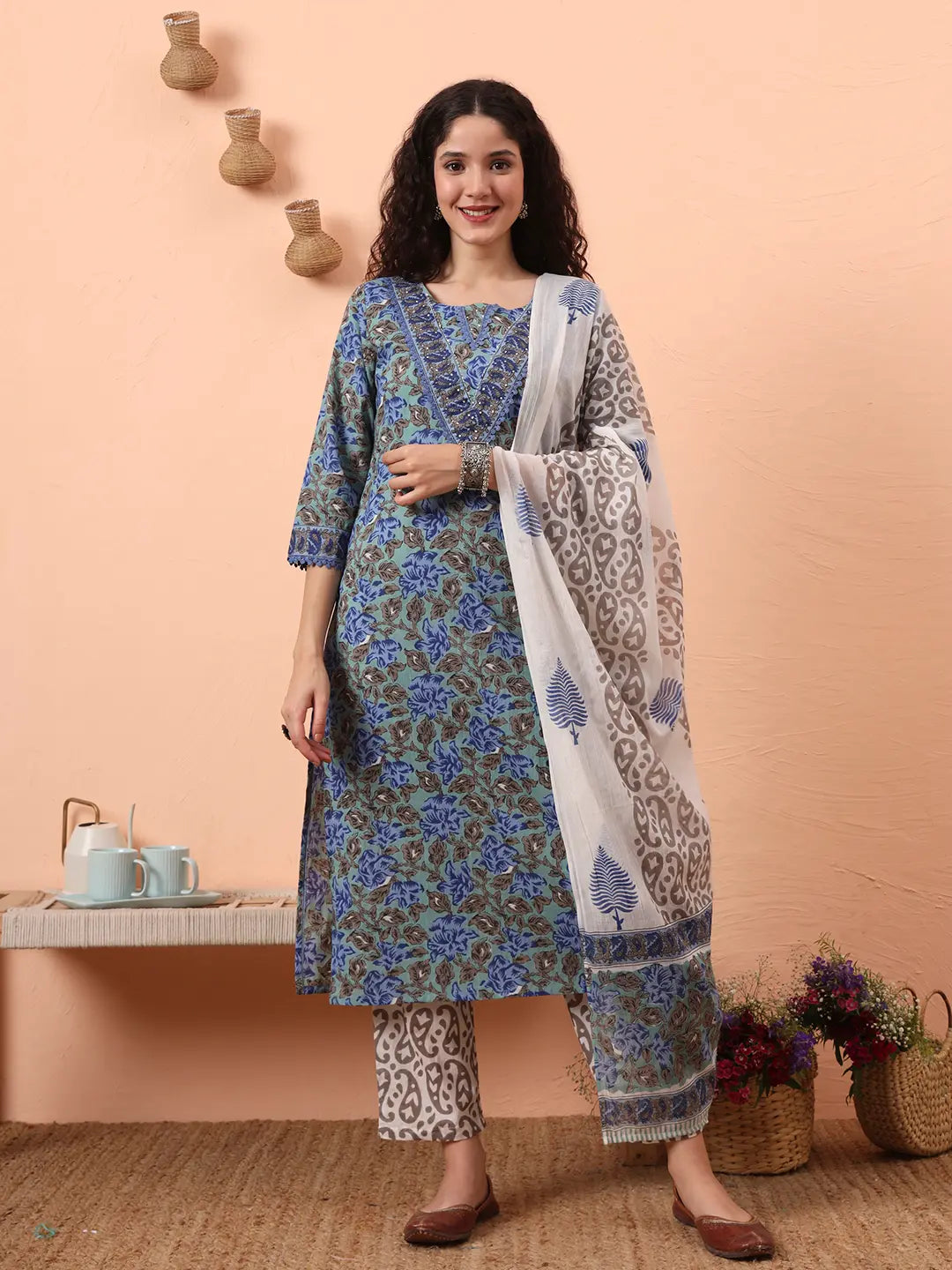 Rama Green And Blue Floral Sequins Work Straight Kurta Trouser Dupatta Set