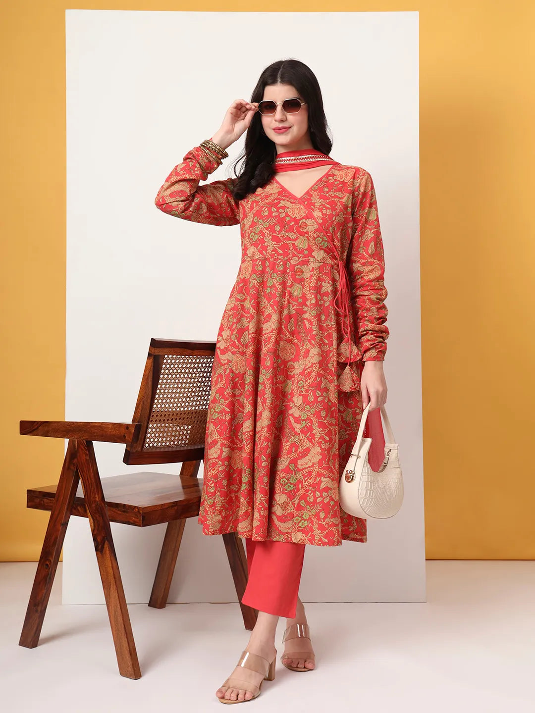 Red Cotton Anarkali Kurta With Dobby Dupatta Set