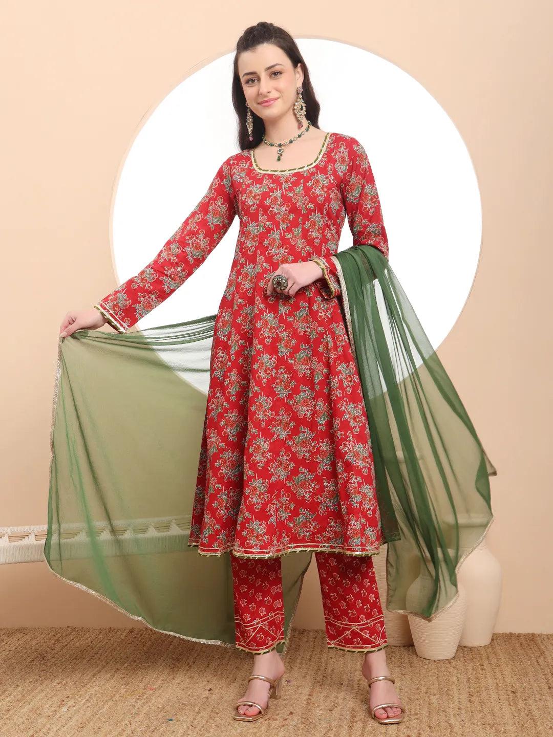 Red Cotton Long Sleeve Anarkali Kurta Dupatta Set