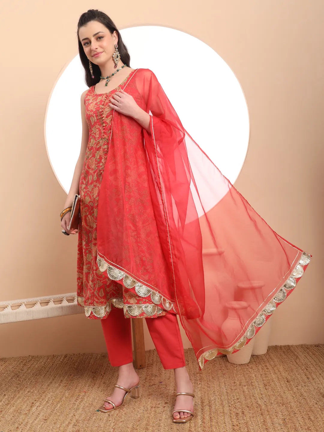 Red Cotton Sleeveless Anarkali Kurta Dupatta Set