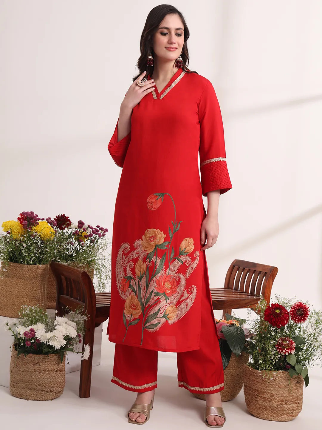 Red Floral Lace Work Straight Kurta And Trouser With Dupatta Set