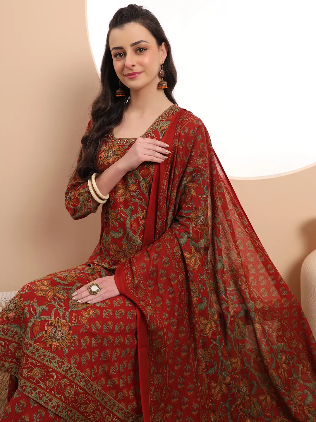 Red Floral Print Thread Work A-Line Kurta Trouser Dupatta Set