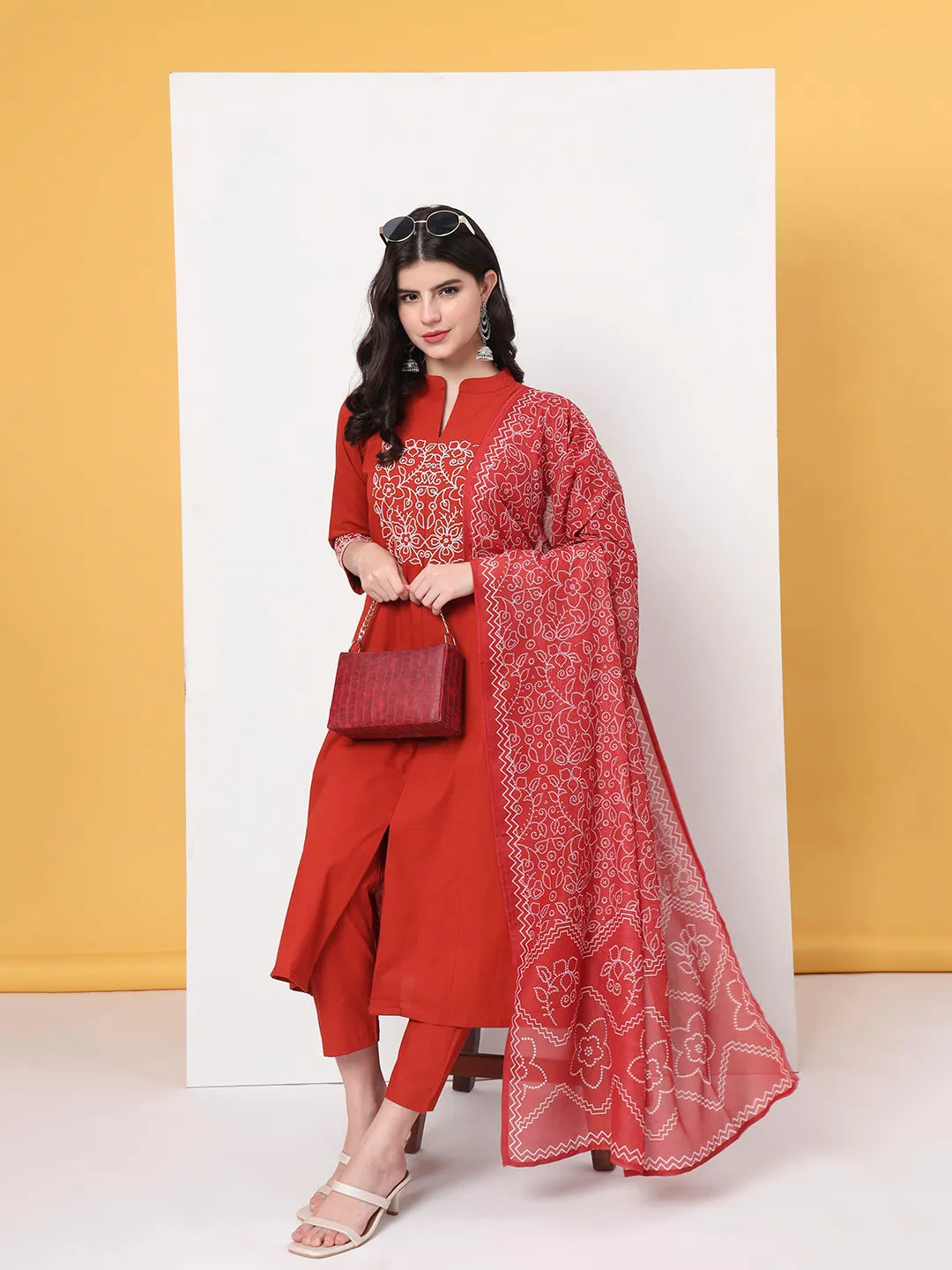 Red Pure Cotton Kantha Work A-Line Kurta Dupatta Pant Set