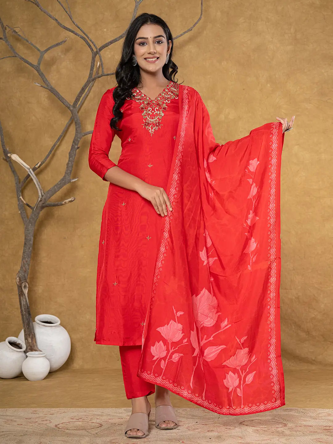 Red Pure Uppada Silk Handwork Kurta Dupatta Set