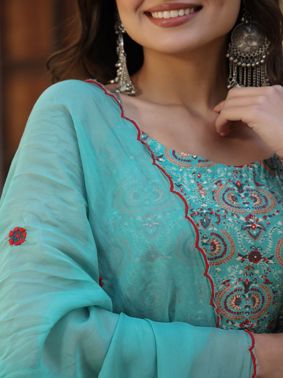 Blue Ethnic Chanderi Gown With Dupatta