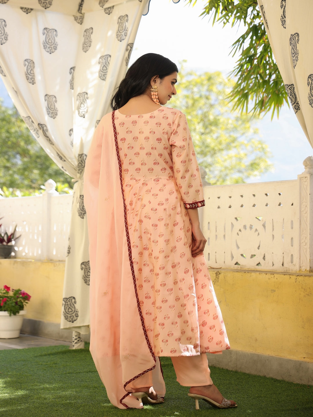 Anarkali Peach Chanderi Suit Set