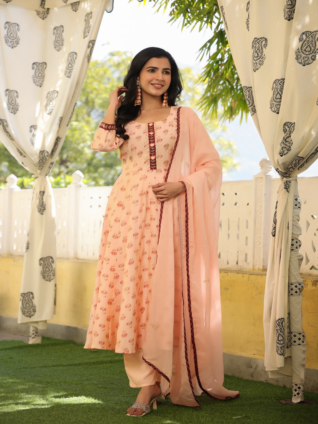 Anarkali Peach Chanderi Suit Set