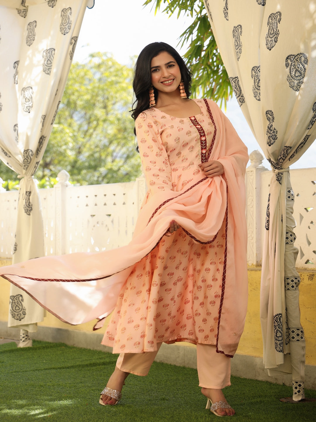 Anarkali Peach Chanderi Suit Set