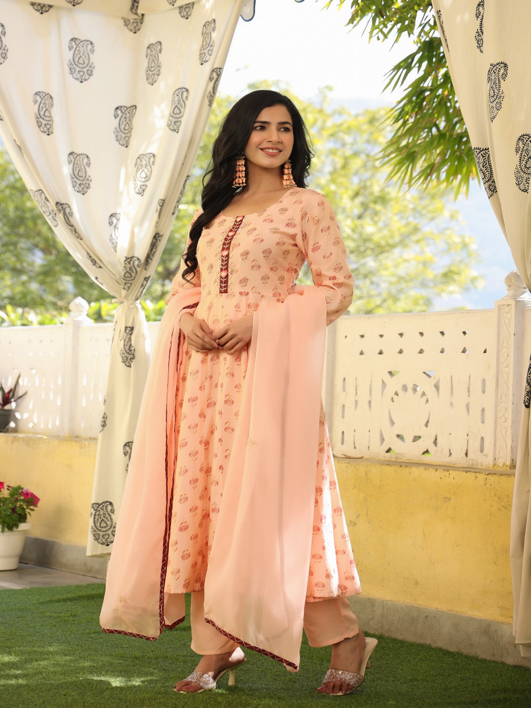 Anarkali Peach Chanderi Suit Set