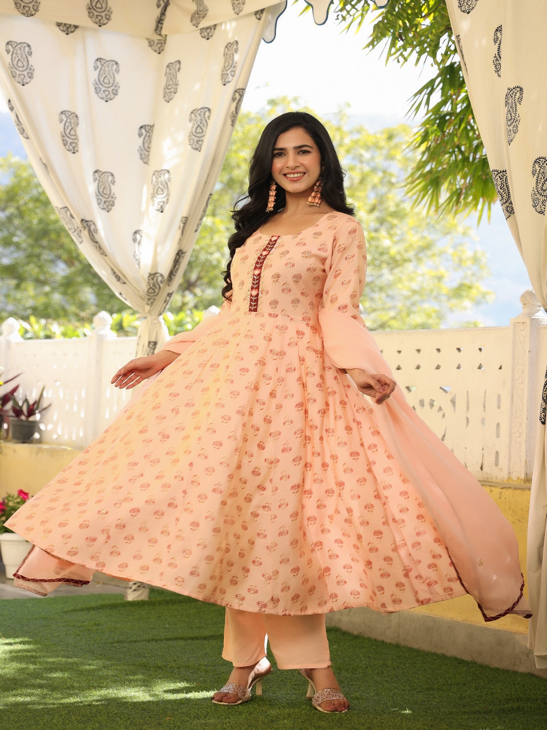 Anarkali Peach Chanderi Suit Set