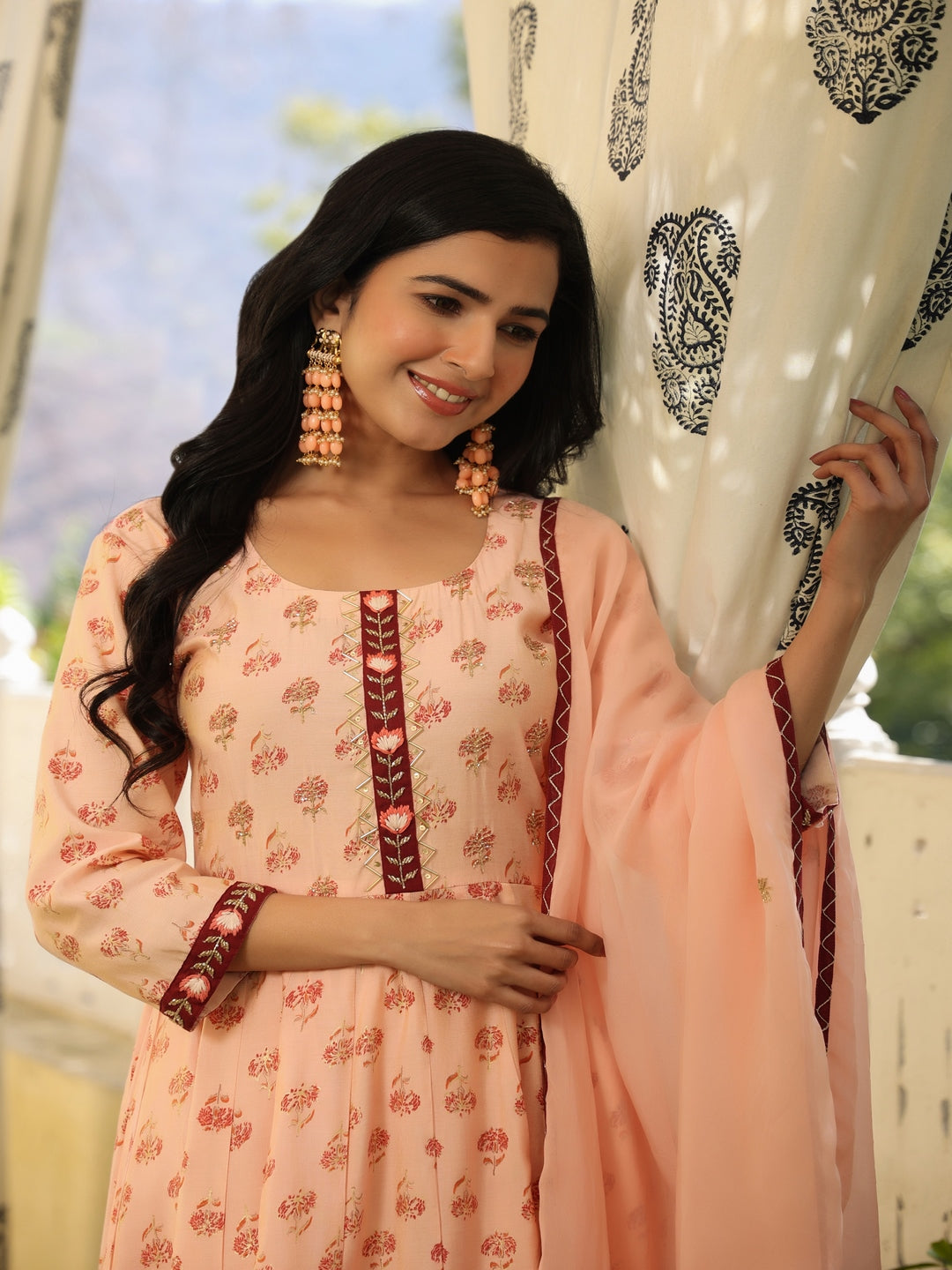 Anarkali Peach Chanderi Suit Set