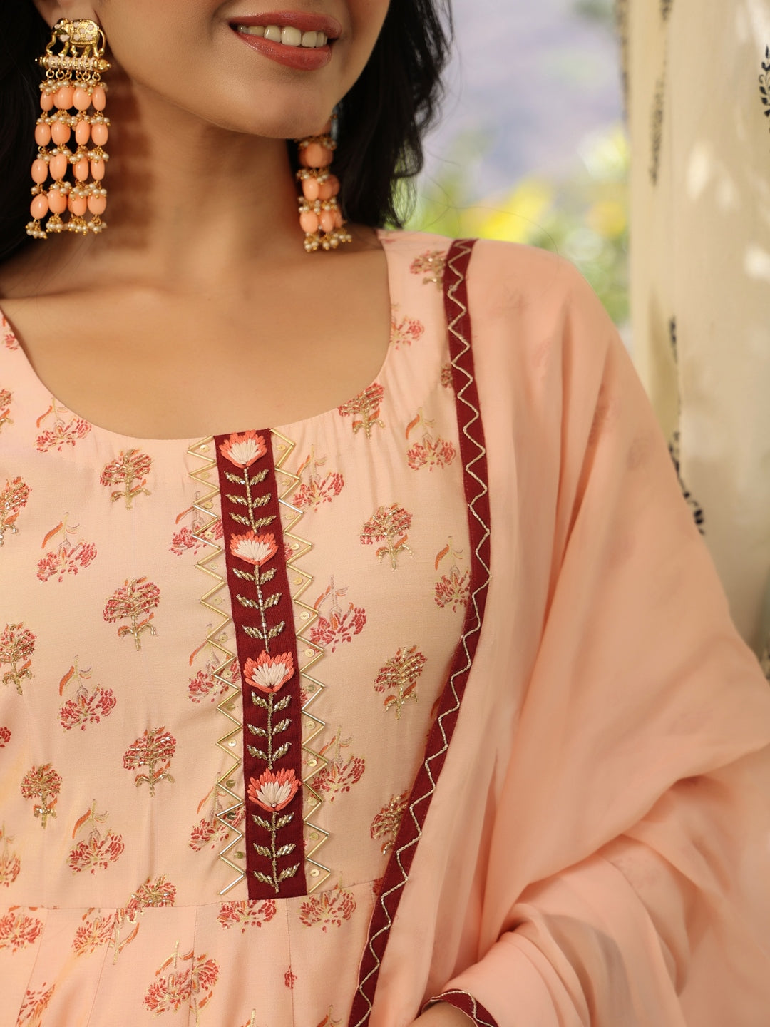 Anarkali Peach Chanderi Suit Set