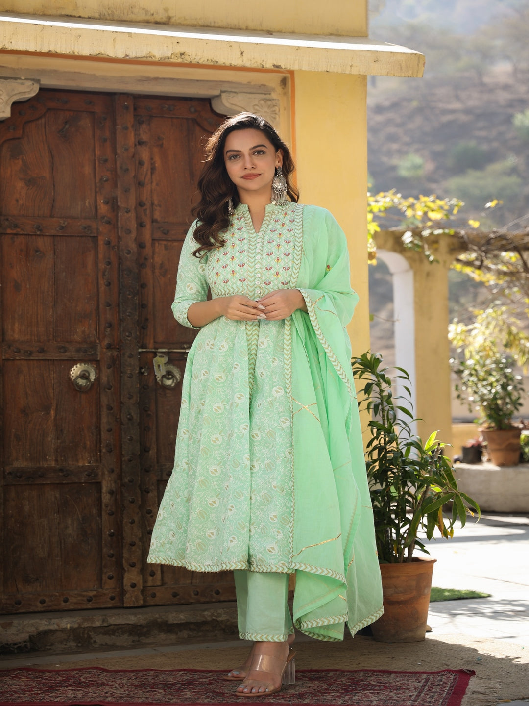 Printed Green Cotton Suit Set