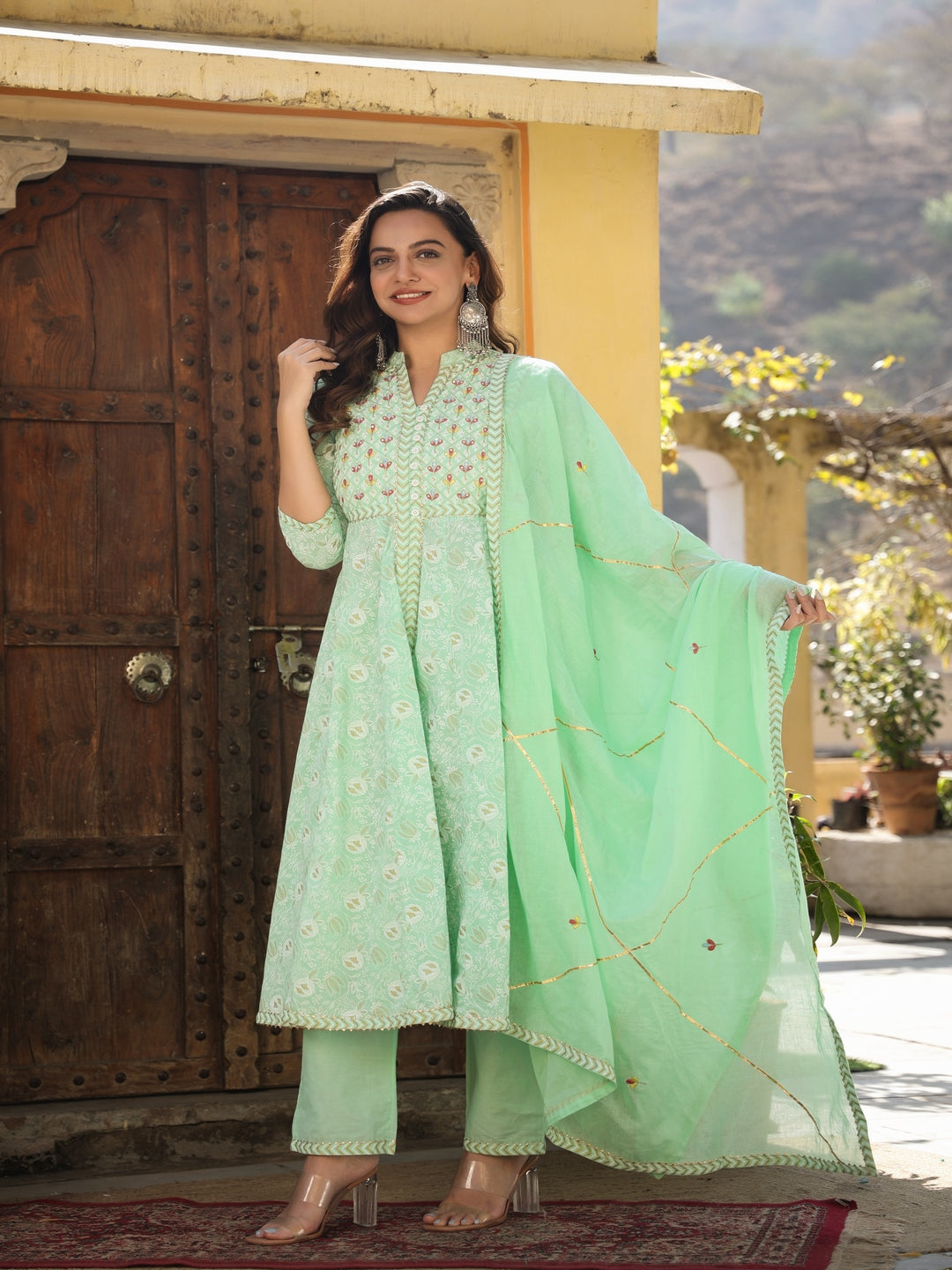 Printed Green Cotton Suit Set