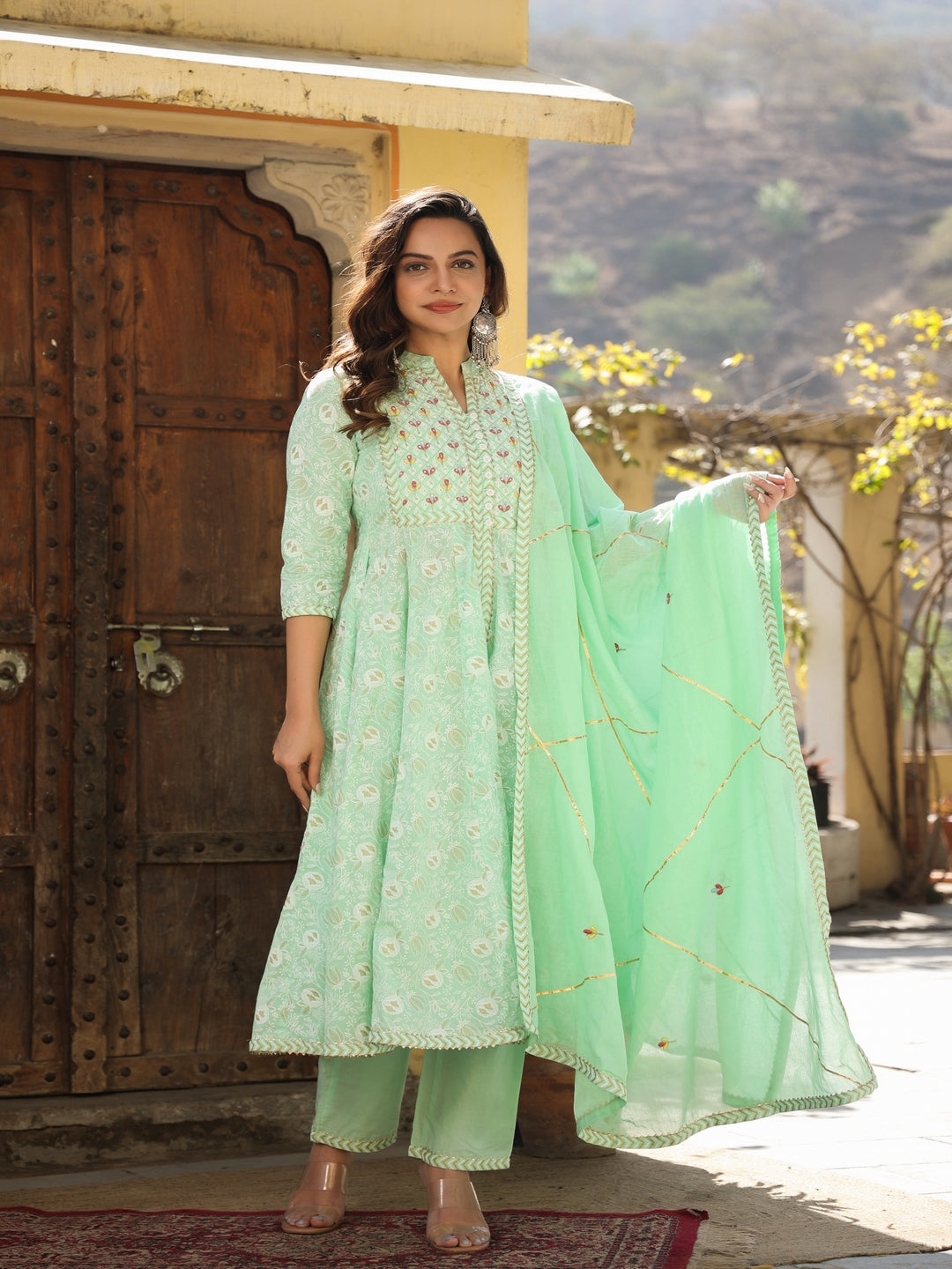 Printed Green Cotton Suit Set
