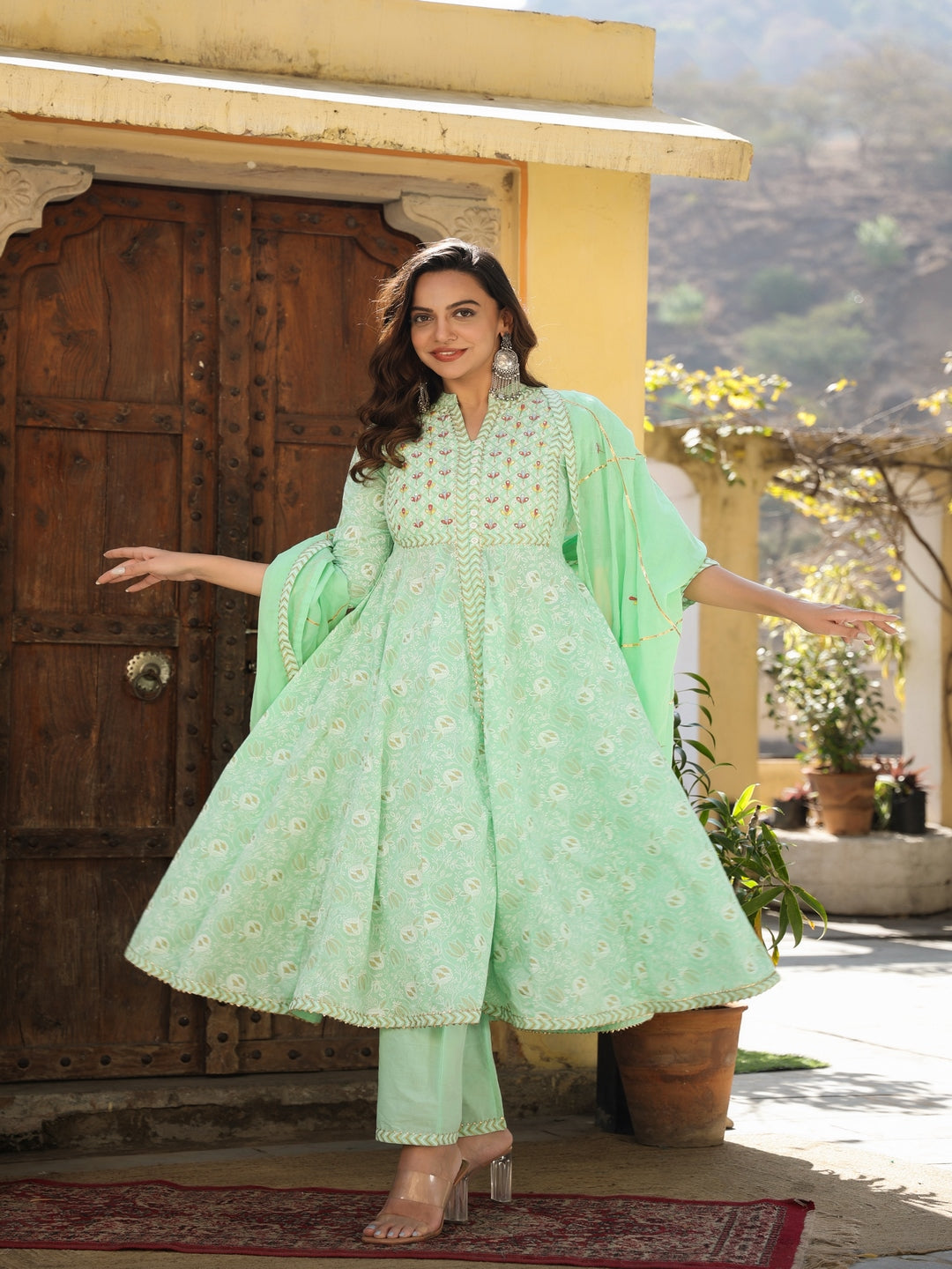 Printed Green Cotton Suit Set