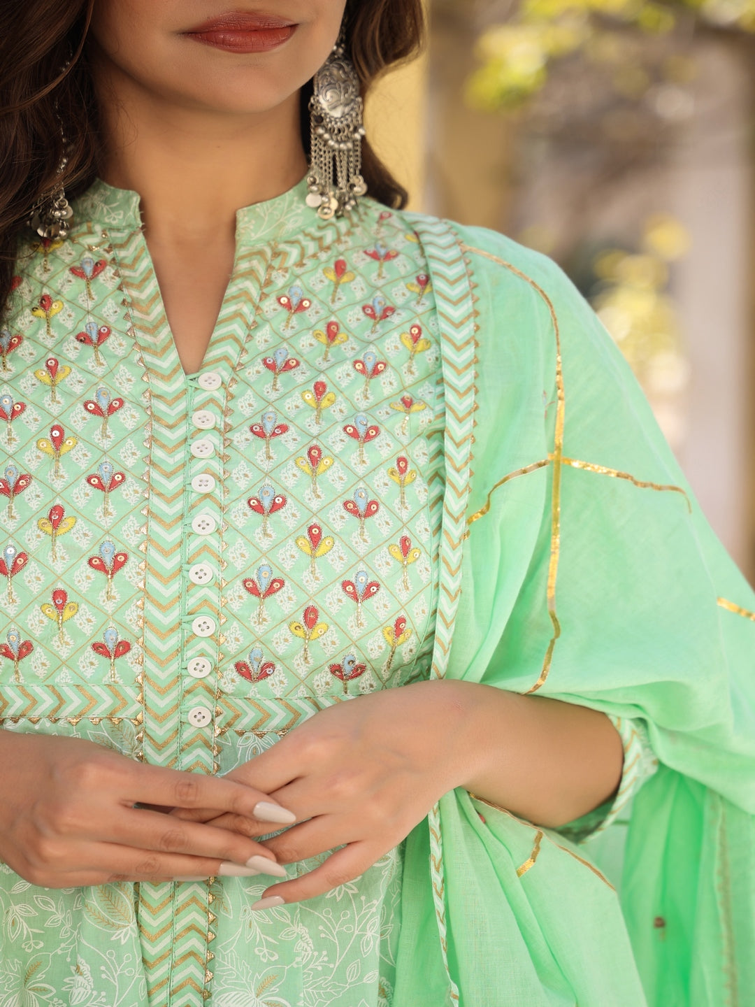 Printed Green Cotton Suit Set