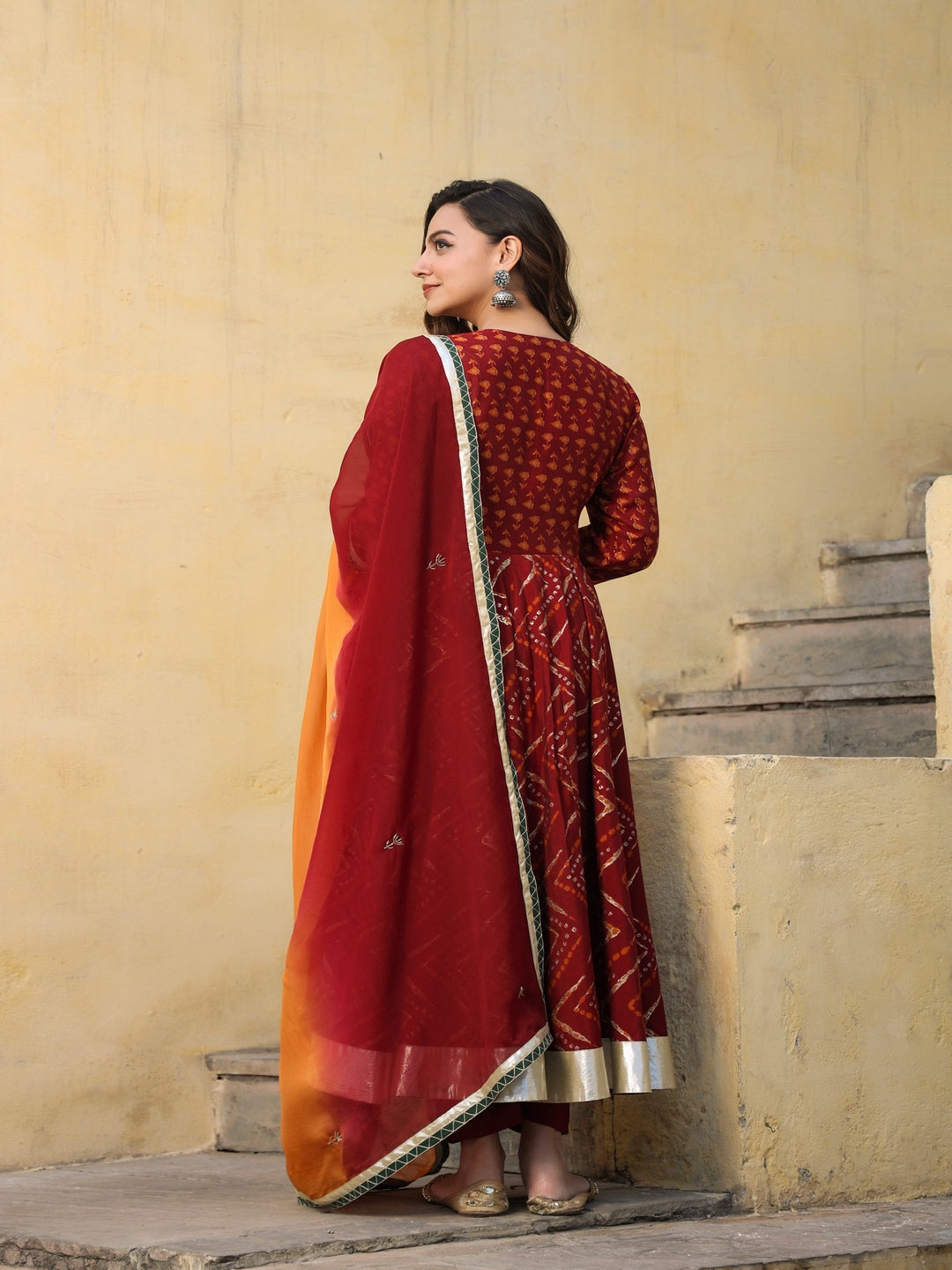 Angrakha Chanderi Maroon Anarkali Suit Set