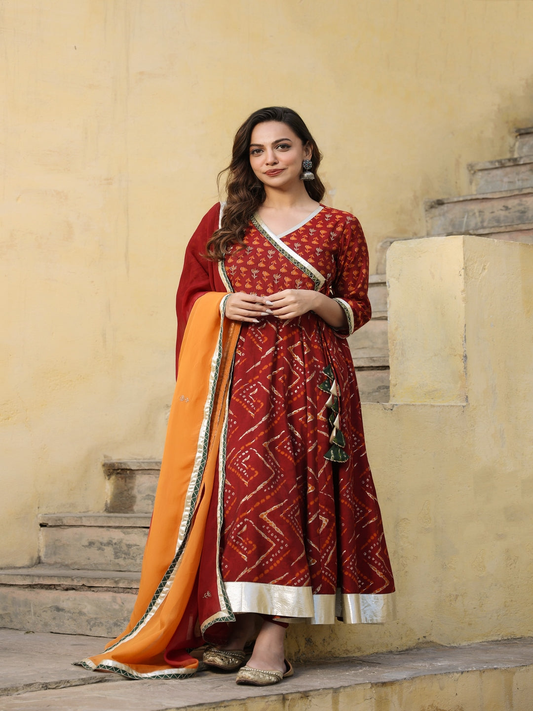 Angrakha Chanderi Maroon Anarkali Suit Set