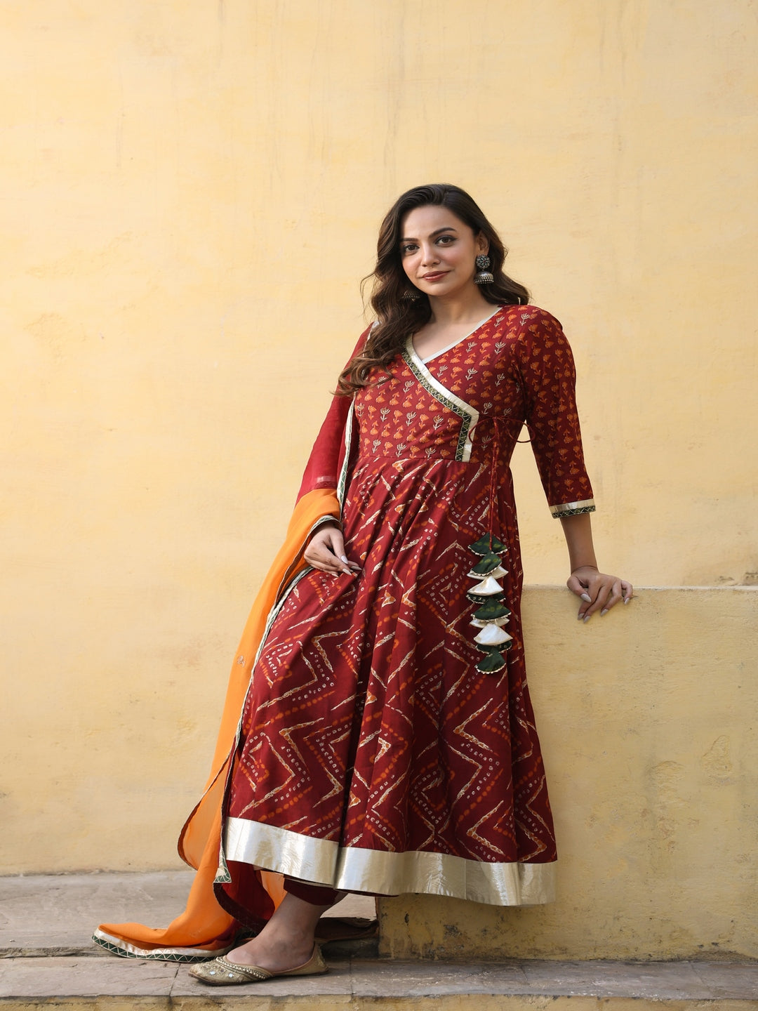Angrakha Chanderi Maroon Anarkali Suit Set