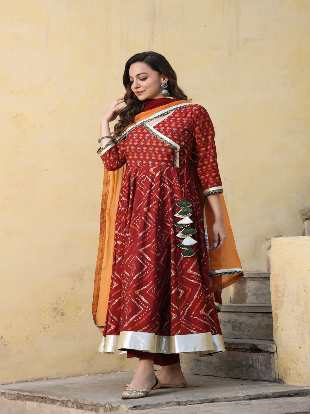 Angrakha Chanderi Maroon Anarkali Suit Set