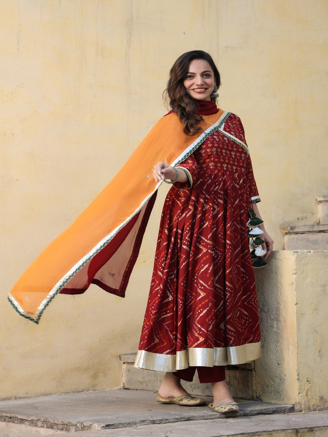 Angrakha Chanderi Maroon Anarkali Suit Set