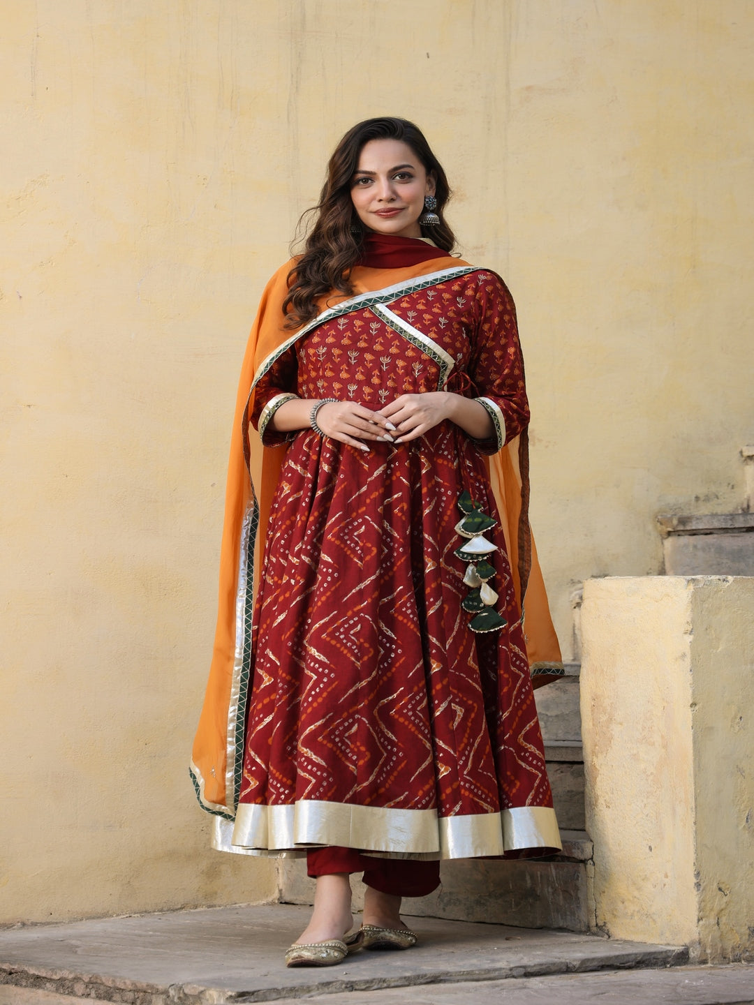 Angrakha Chanderi Maroon Anarkali Suit Set