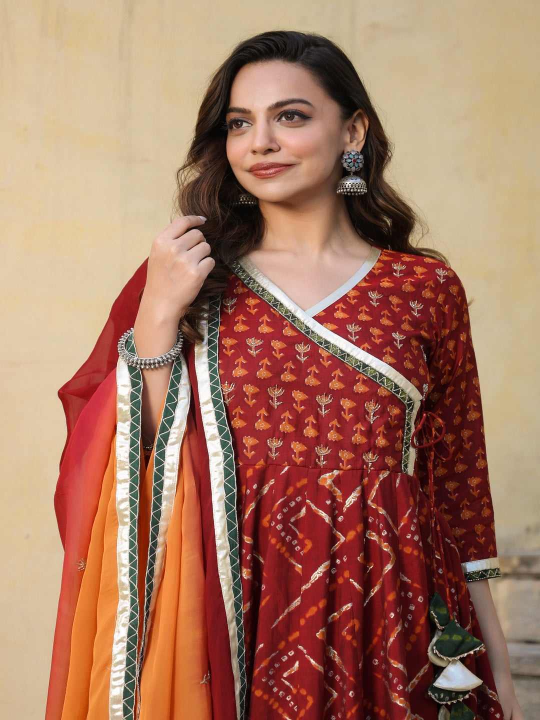 Angrakha Chanderi Maroon Anarkali Suit Set