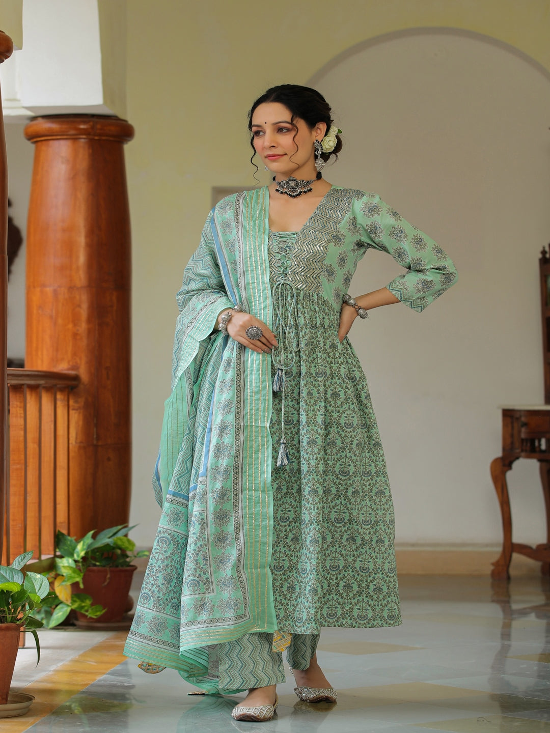 Green Orchid Printed Cotton Suit Set
