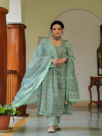 Green Orchid Printed Cotton Suit Set