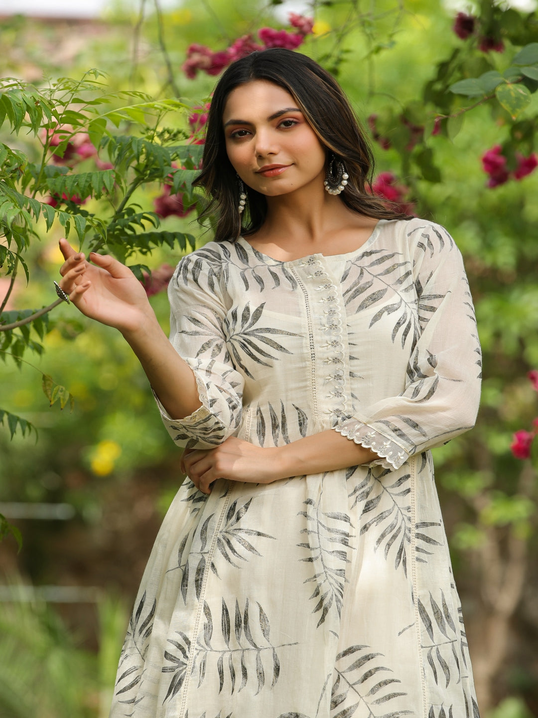 White Magnolia Printed Kurta Shrug Set