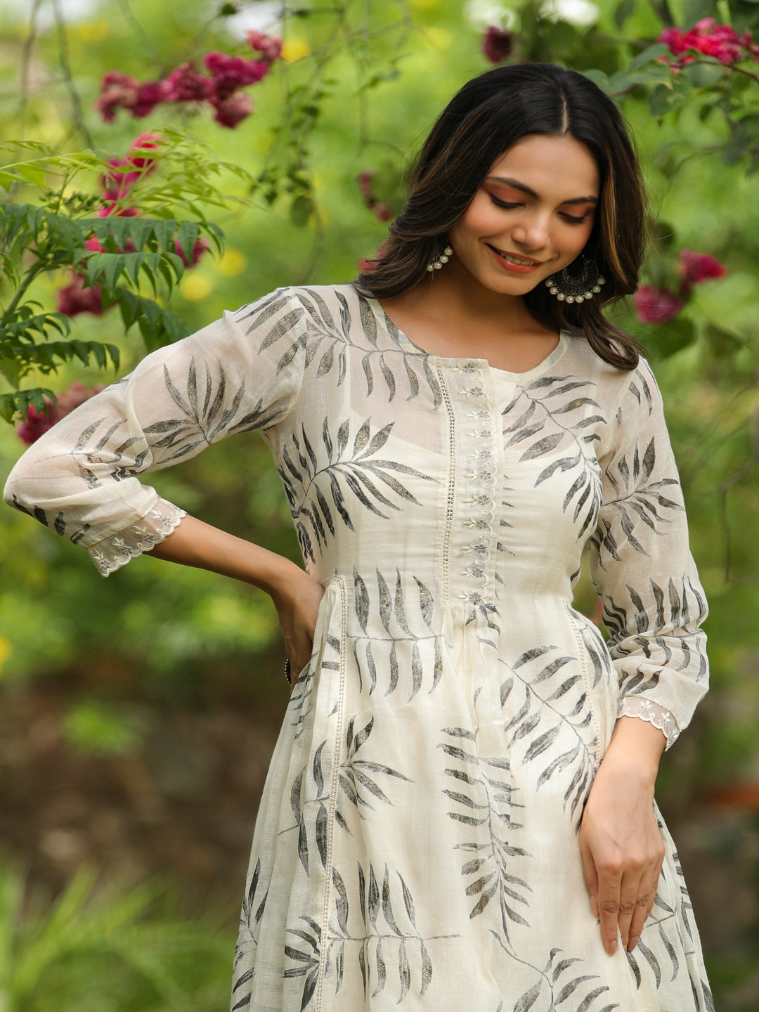 White Magnolia Printed Kurta Shrug Set