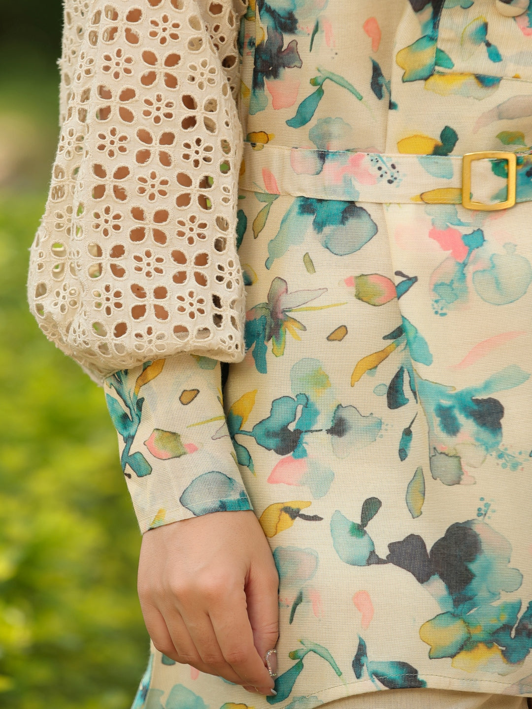Beige Schiffli Printed Viscose Cord Set
