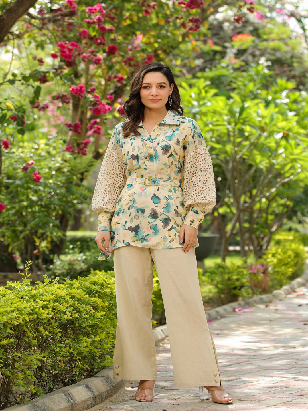 Beige Schiffli Printed Viscose Cord Set