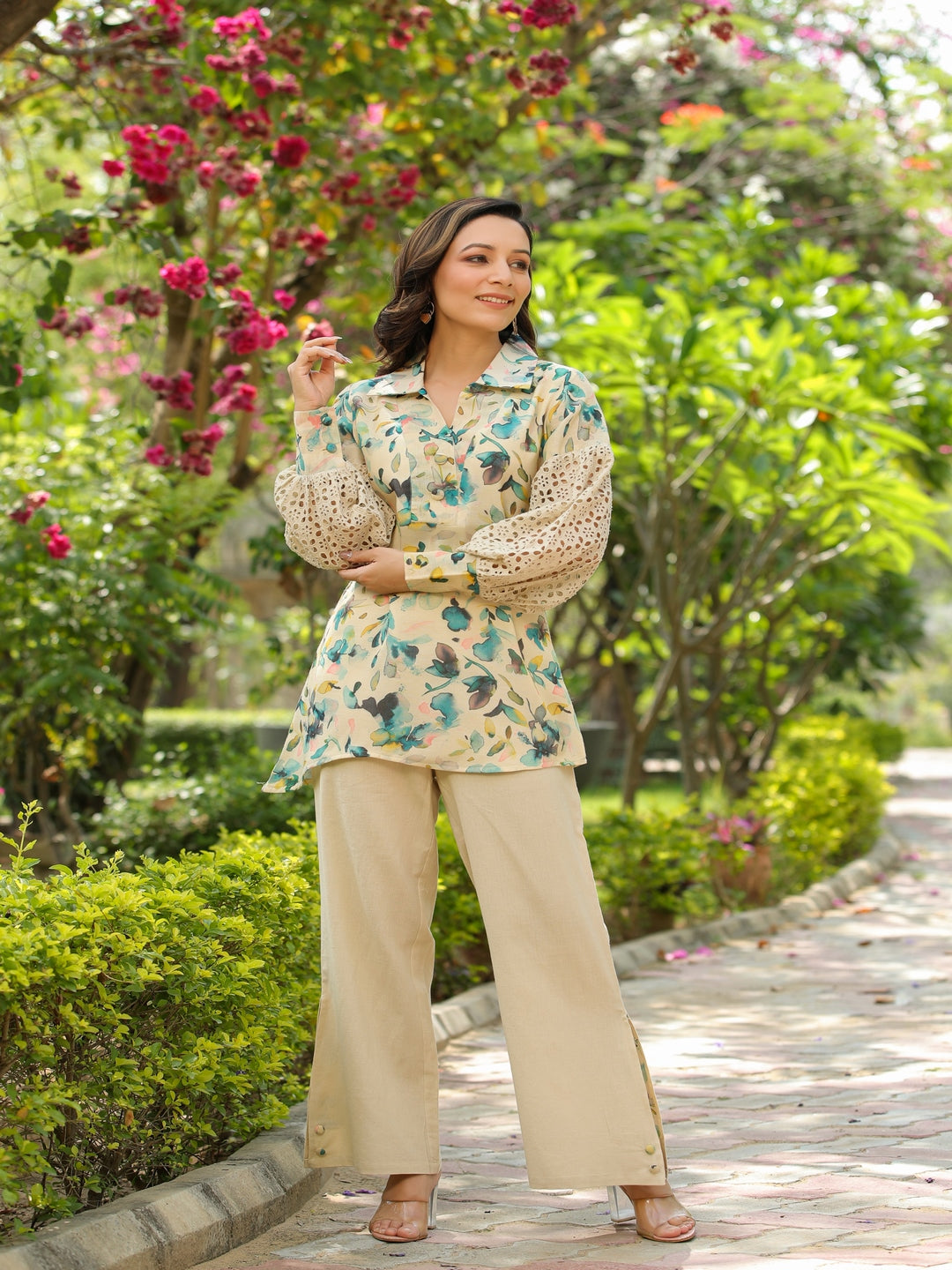 Beige Schiffli Printed Viscose Cord Set