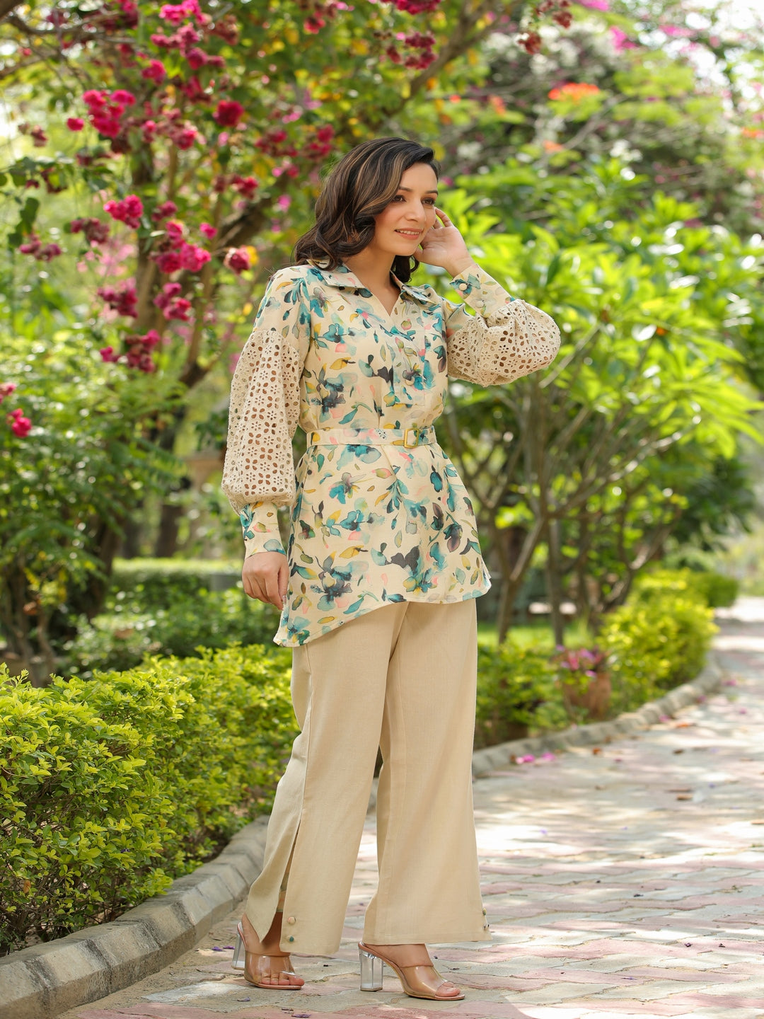 Beige Schiffli Printed Viscose Cord Set