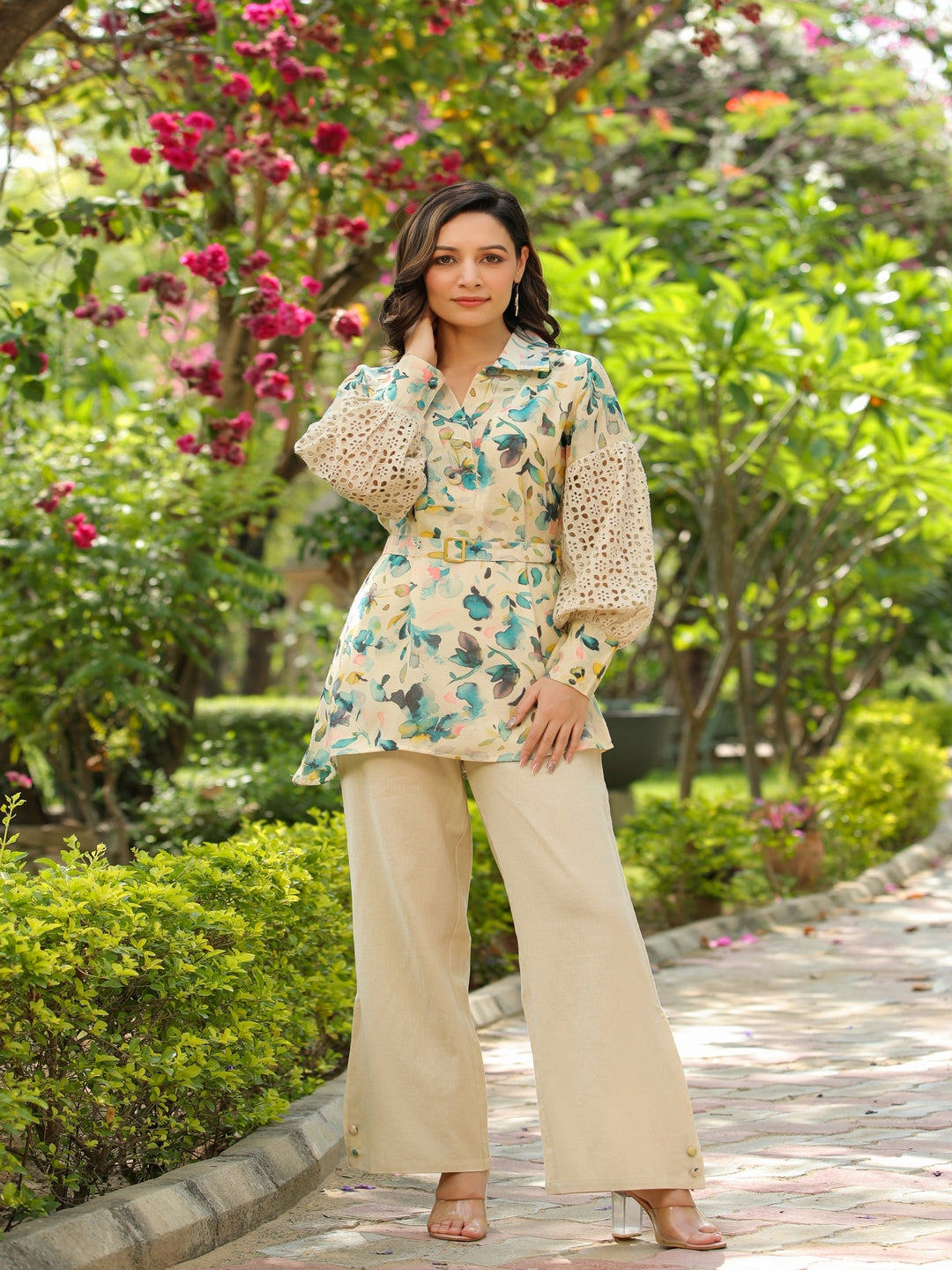 Beige Schiffli Printed Viscose Cord Set