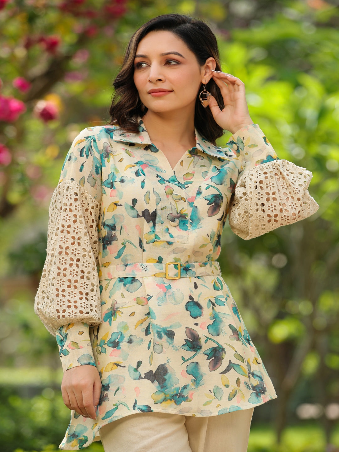 Beige Schiffli Printed Viscose Cord Set