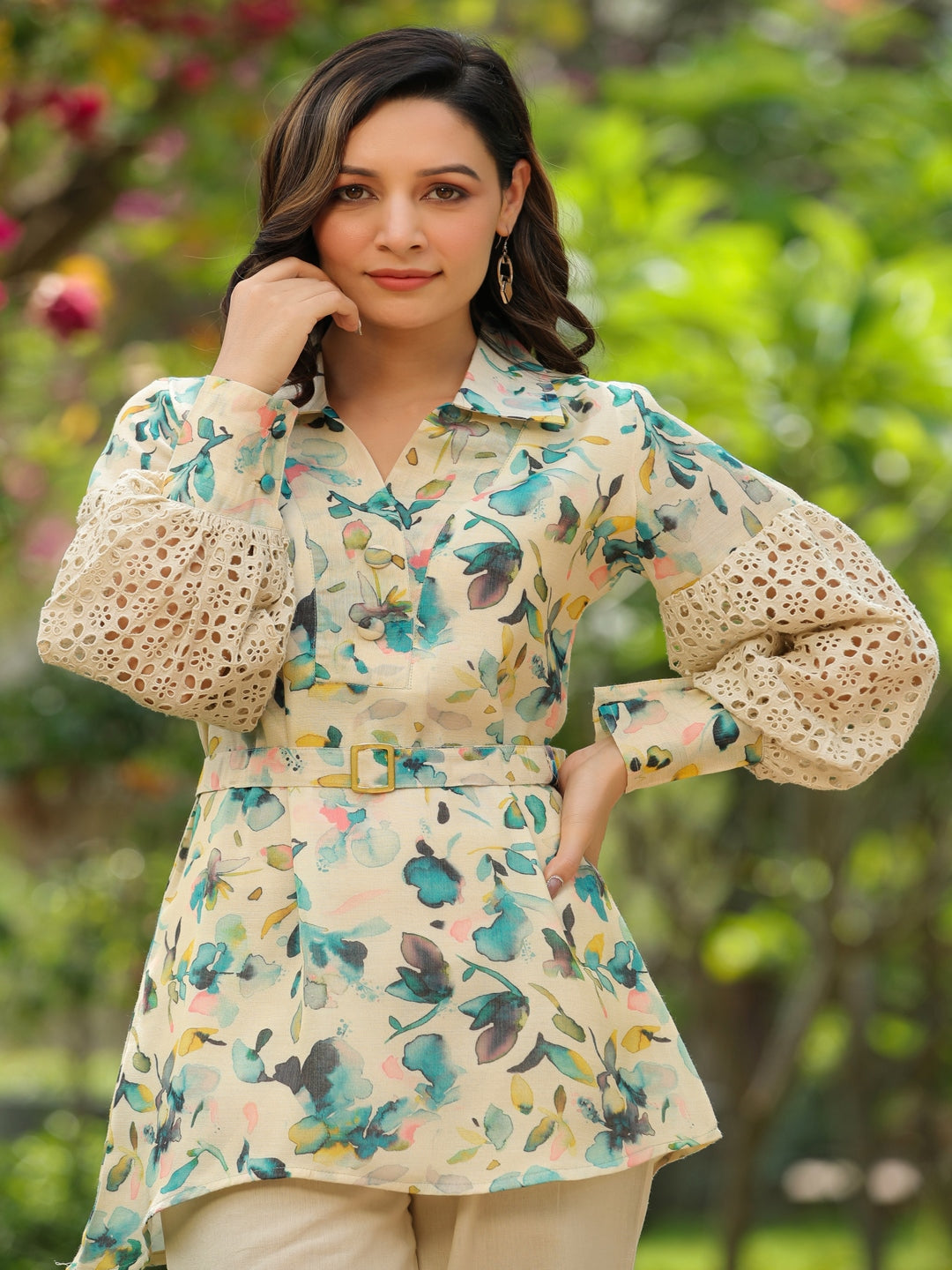 Beige Schiffli Printed Viscose Cord Set