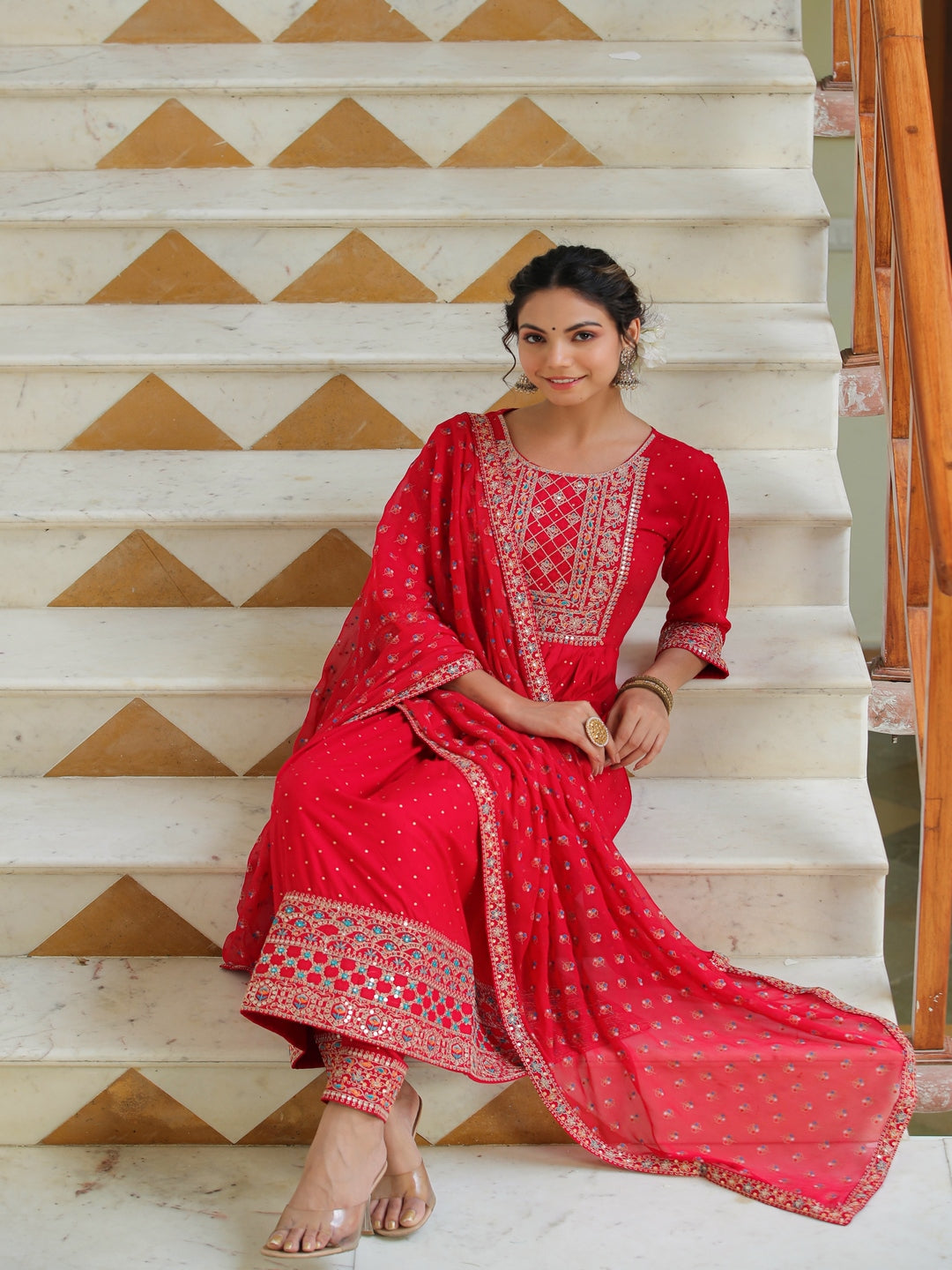 Red Scarlet Rayon Embroidered Suit Set