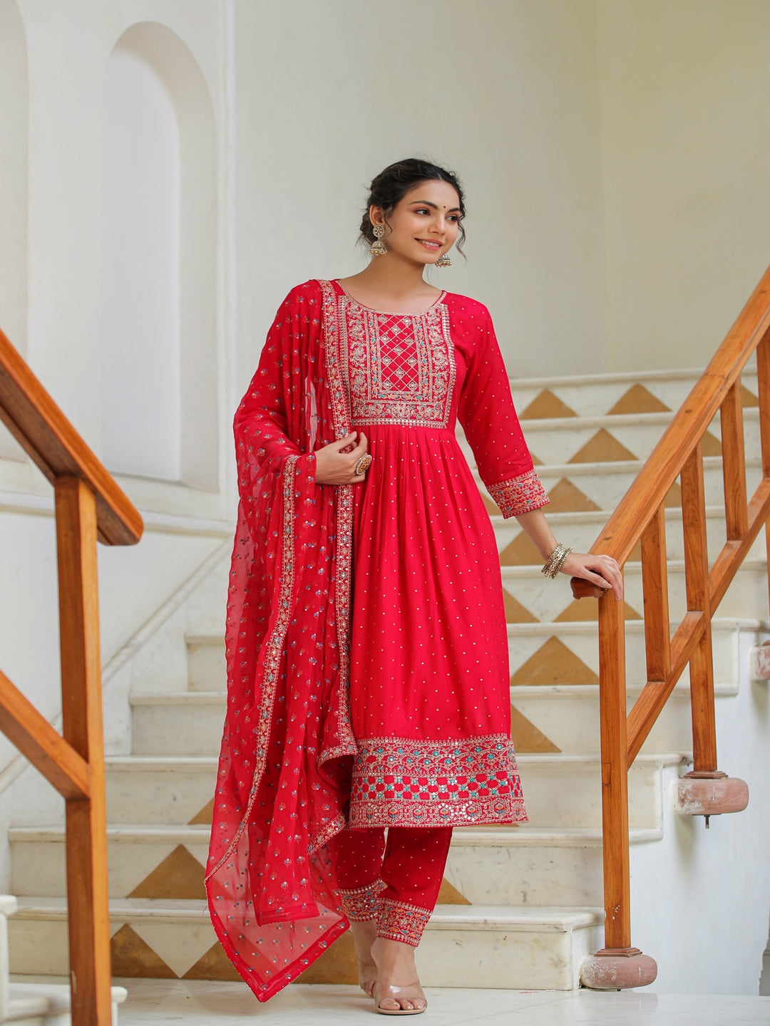 Red Scarlet Rayon Embroidered Suit Set