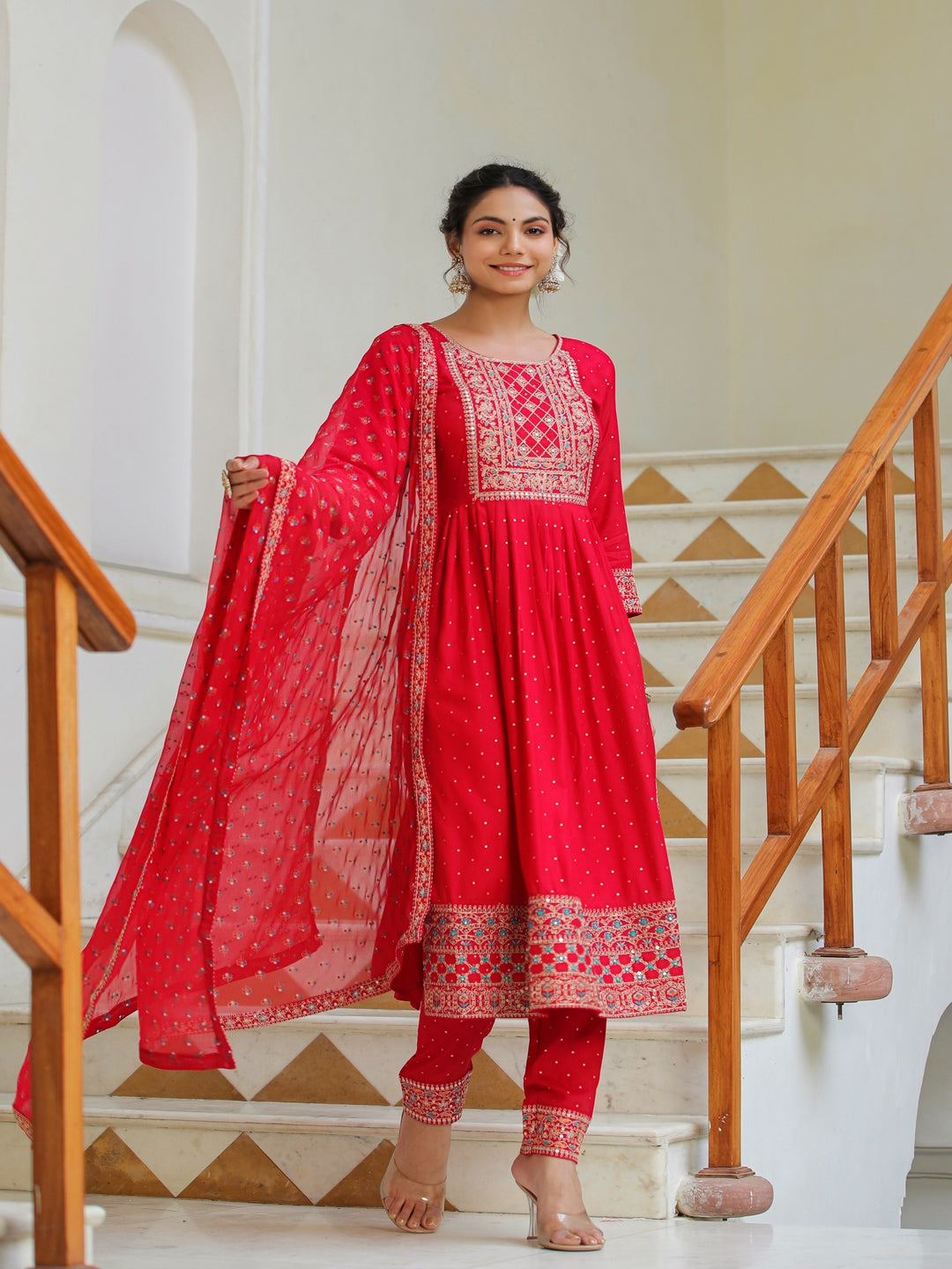 Red Scarlet Rayon Embroidered Suit Set