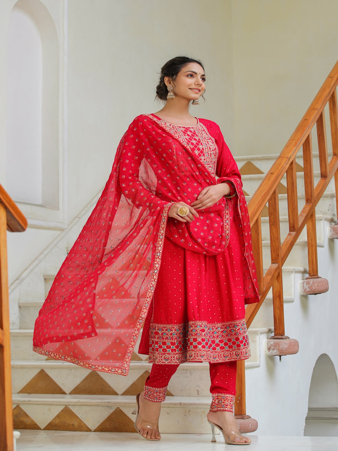 Red Scarlet Rayon Embroidered Suit Set