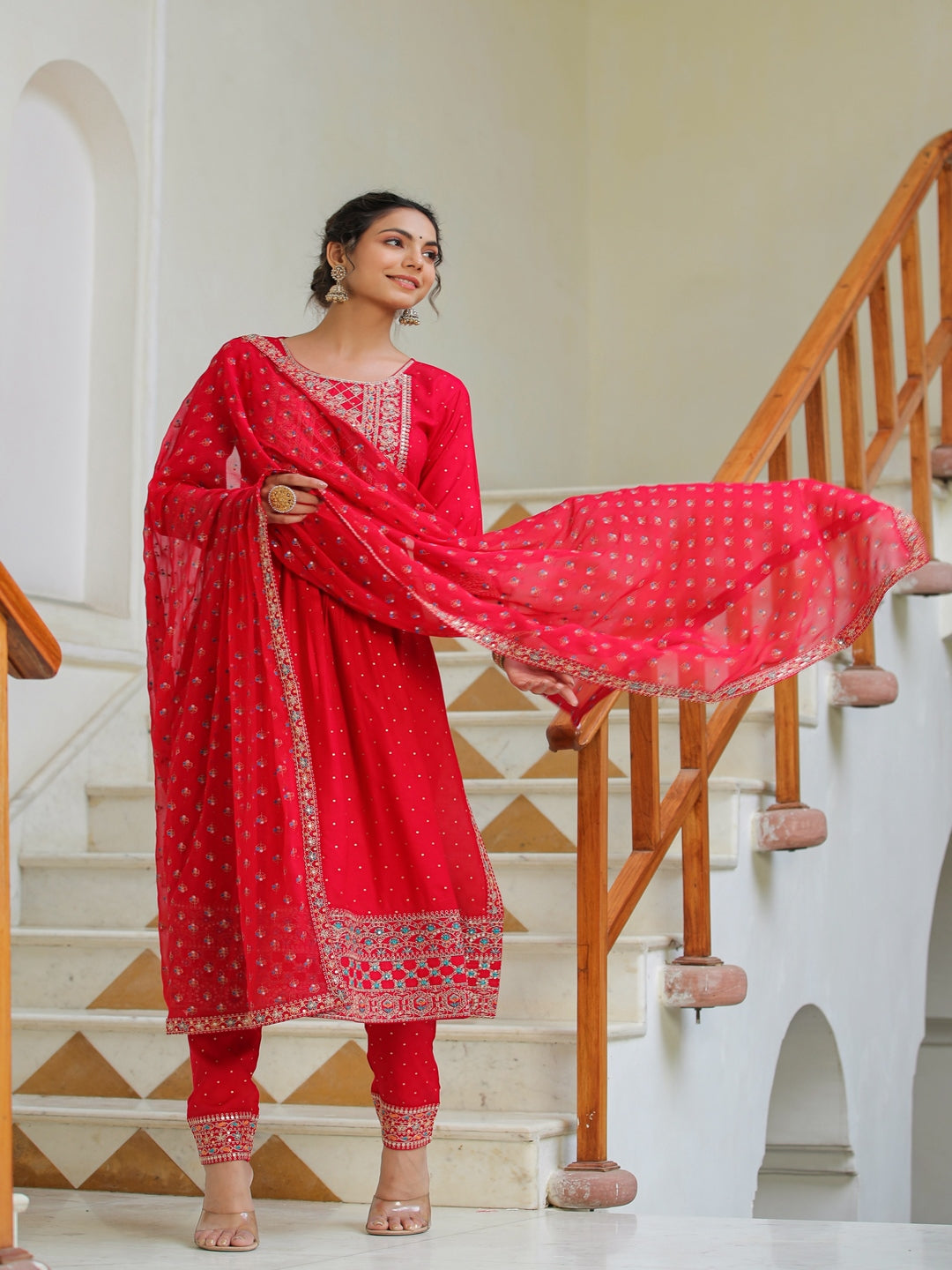 Red Scarlet Rayon Embroidered Suit Set
